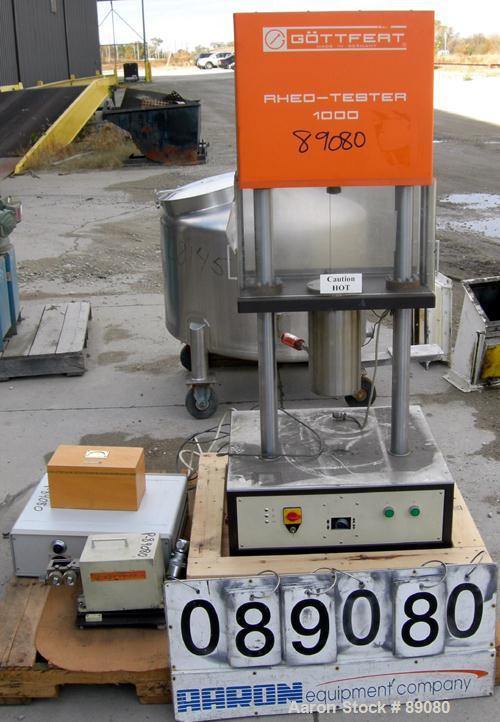 Used Gottfert Capillary Rheometer, Model 012.01, Series 1000. Approximate 9.5 mm diameter x 200 mm long test barrel, rated up to 400 Degrees C, 10 kn test force. Includes a Rheotens electronic tensil...