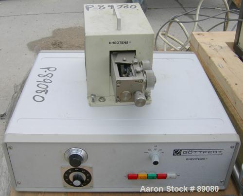 Used Gottfert Capillary Rheometer, Model 012.01, Series 1000. Approximate 9.5 mm diameter x 200 mm long test barrel, rated up to 400 Degrees C, 10 kn test force. Includes a Rheotens electronic tensil...