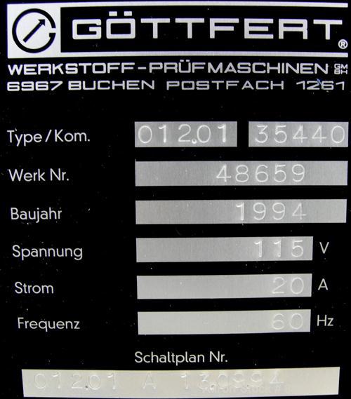 Used Gottfert Capillary Rheometer, Model 012.01, Series 1000. Approximate 9.5 mm diameter x 200 mm long test barrel, rated up to 400 Degrees C, 10 kn test force. Includes a Rheotens electronic tensil...