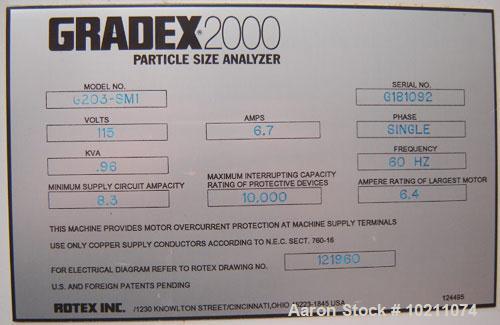 Used-Gradex 2000 Particle Size Analyzer, Model G203-SM1. 115 volt, 6.7 amps, single phase, .96 kva, 60 hz. Minimum supply ci...