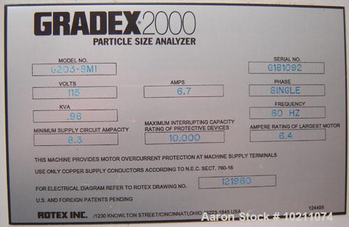 Used Gradex 2000 Particle Size Analyzer, Model G203-SM1. 115 volt, 6.7 amps, single phase, .96 kva, 60 hz. Minimum supply circuit ampacity 8.3, ampere rating of largest motor 6.4, with a maximum inte...
