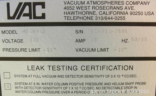 Used Vacuum Atmosphere Company glove box, model HE-493/MO-5. 50/60 hz, 110 volt, 5 amp. Rated plus 10 psig. Includes a model AMO-2032 moisture/ oxygen analyzer, AO- calibration panel, and a model PC-...