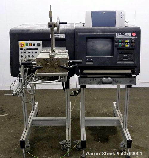 Used Haake Rheocord 9000 Fisons Rheometer Mixer. Consisting of: (1) Haake model 002-1674 (2) wing rotors, chrome plated. (1) Jacketed mixing chamber, (1) drive system, model 001-9758, serial# 1950073...