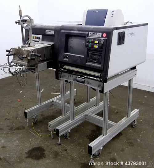 Used Haake Rheocord 9000 Fisons Rheometer Mixer. Consisting of: (1) Haake model 002-1674 (2) wing rotors, chrome plated. (1) Jacketed mixing chamber, (1) drive system, model 001-9758, serial# 1950073...