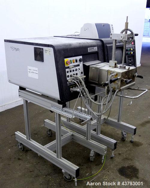 Used Haake Rheocord 9000 Fisons Rheometer Mixer. Consisting of: (1) Haake model 002-1674 (2) wing rotors, chrome plated. (1) Jacketed mixing chamber, (1) drive system, model 001-9758, serial# 1950073...