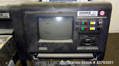 Used Haake Rheocord 9000 Fisons Rheometer Mixer. Consisting of: (1) Haake model 002-1674 (2) wing rotors, chrome plated. (1) Jacketed mixing chamber, (1) drive system, model 001-9758, serial# 1950073...