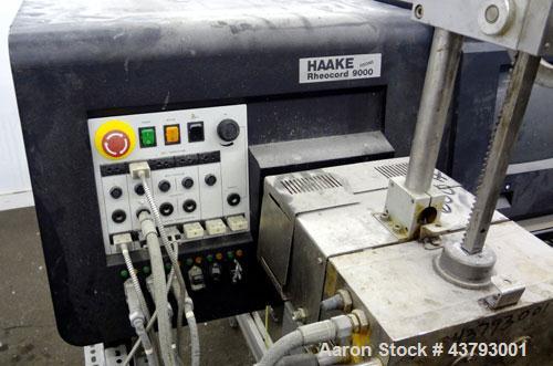 Used Haake Rheocord 9000 Fisons Rheometer Mixer. Consisting of: (1) Haake model 002-1674 (2) wing rotors, chrome plated. (1) Jacketed mixing chamber, (1) drive system, model 001-9758, serial# 1950073...