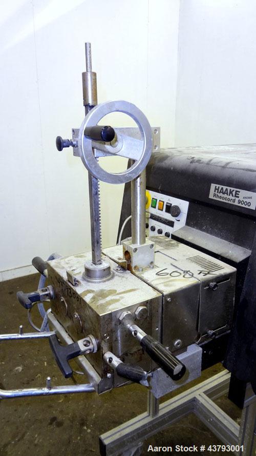 Used Haake Rheocord 9000 Fisons Rheometer Mixer. Consisting of: (1) Haake model 002-1674 (2) wing rotors, chrome plated. (1) Jacketed mixing chamber, (1) drive system, model 001-9758, serial# 1950073...