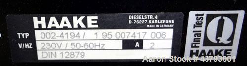 Used Haake Rheocord 9000 Fisons Rheometer Mixer. Consisting of: (1) Haake model 002-1674 (2) wing rotors, chrome plated. (1) Jacketed mixing chamber, (1) drive system, model 001-9758, serial# 1950073...