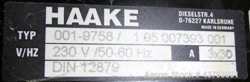 Used Haake Rheocord 9000 Fisons Rheometer Mixer. Consisting of: (1) Haake model 002-1674 (2) wing rotors, chrome plated. (1) Jacketed mixing chamber, (1) drive system, model 001-9758, serial# 1950073...