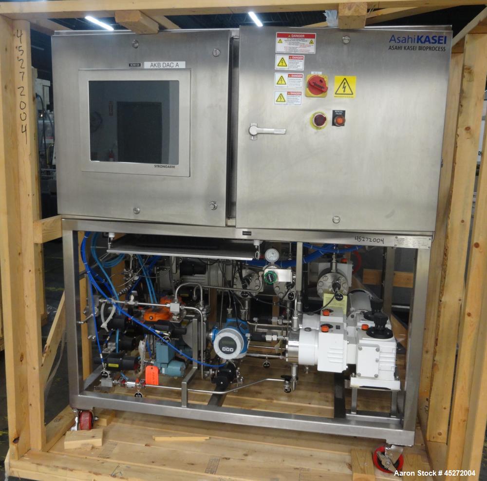 Used Asahi Kasei Bioprocess High Pressure Chromatography System, 316L Stainless Steel. Consists of (1) 15cm Column, integrated feed and elution pumps, discrete valve manifold that allows for fraction...
