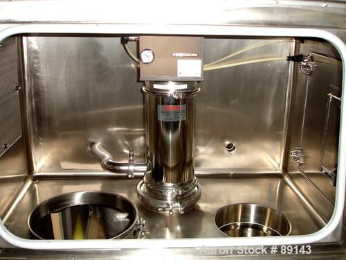Used ISI Laminar Flow Glove Box Isolator, Model RLI-1, Stainless Steel. Single sided, approximately 42" wide x 26" deep x 30" high with 17" x 7" x 20" high anti-chamber, Volkmannpowder vacuum conveyo...