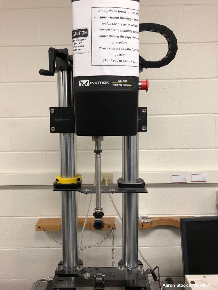Used Instron MicroTester; Model 5848; used to measure Young's modulus, ultimate strength; forces vs. deformation measurements; Includes: Bluehill Software and EC1765 Oven for measuring at high temper...