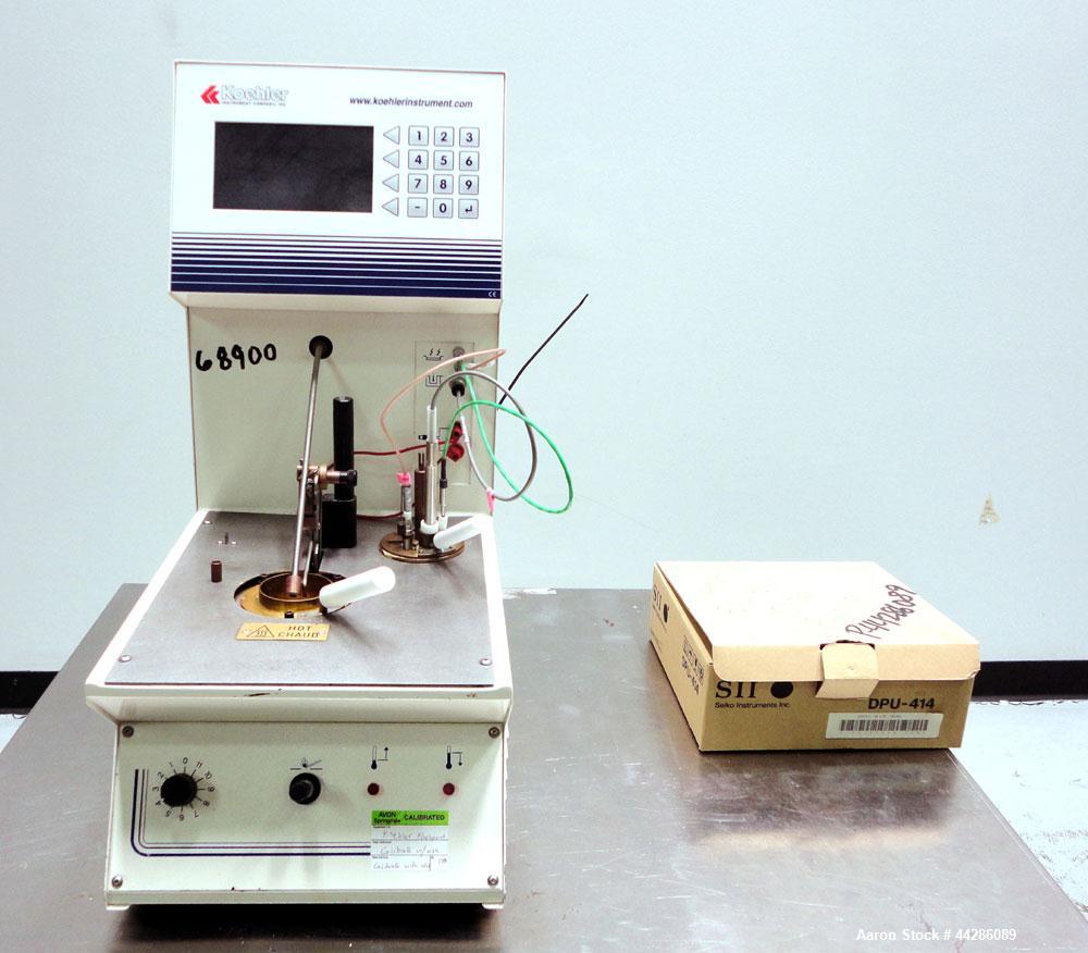Used Koehler Instrument Company Flashpoint Apparatus, Model K87100. Closed Cup Flash Point Tester accurately determines the lowest flash point temperature of fuels, lubricating oils, and homogenous l...