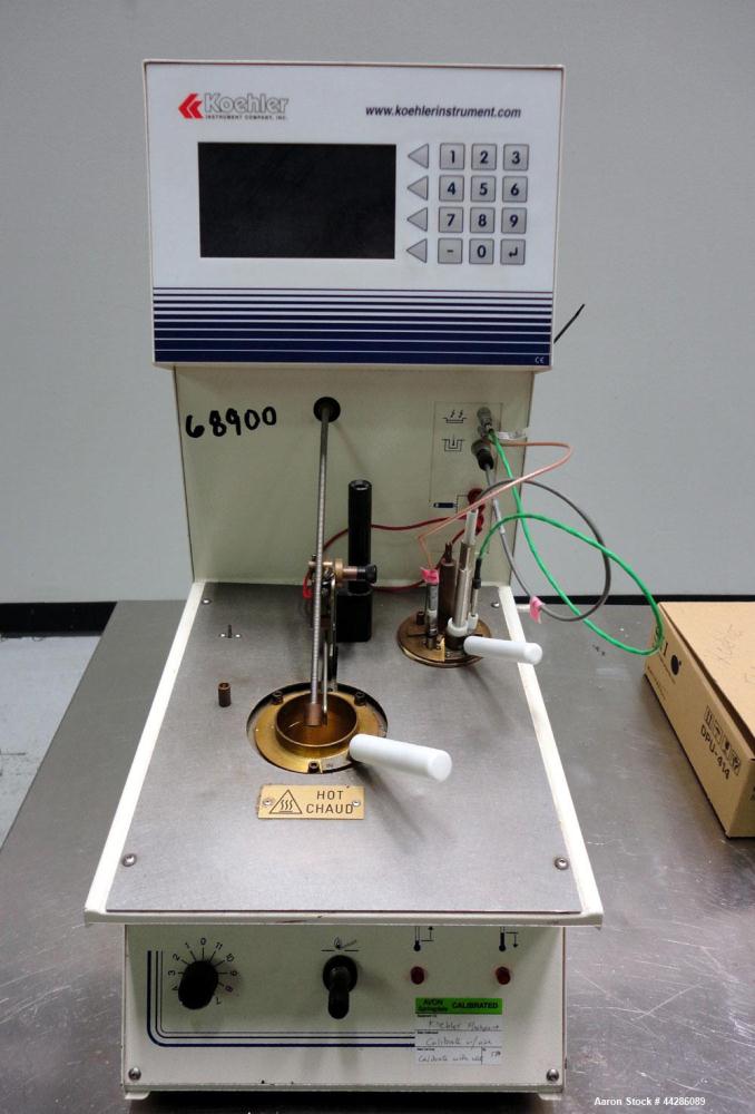 Used Koehler Instrument Company Flashpoint Apparatus, Model K87100. Closed Cup Flash Point Tester accurately determines the lowest flash point temperature of fuels, lubricating oils, and homogenous l...