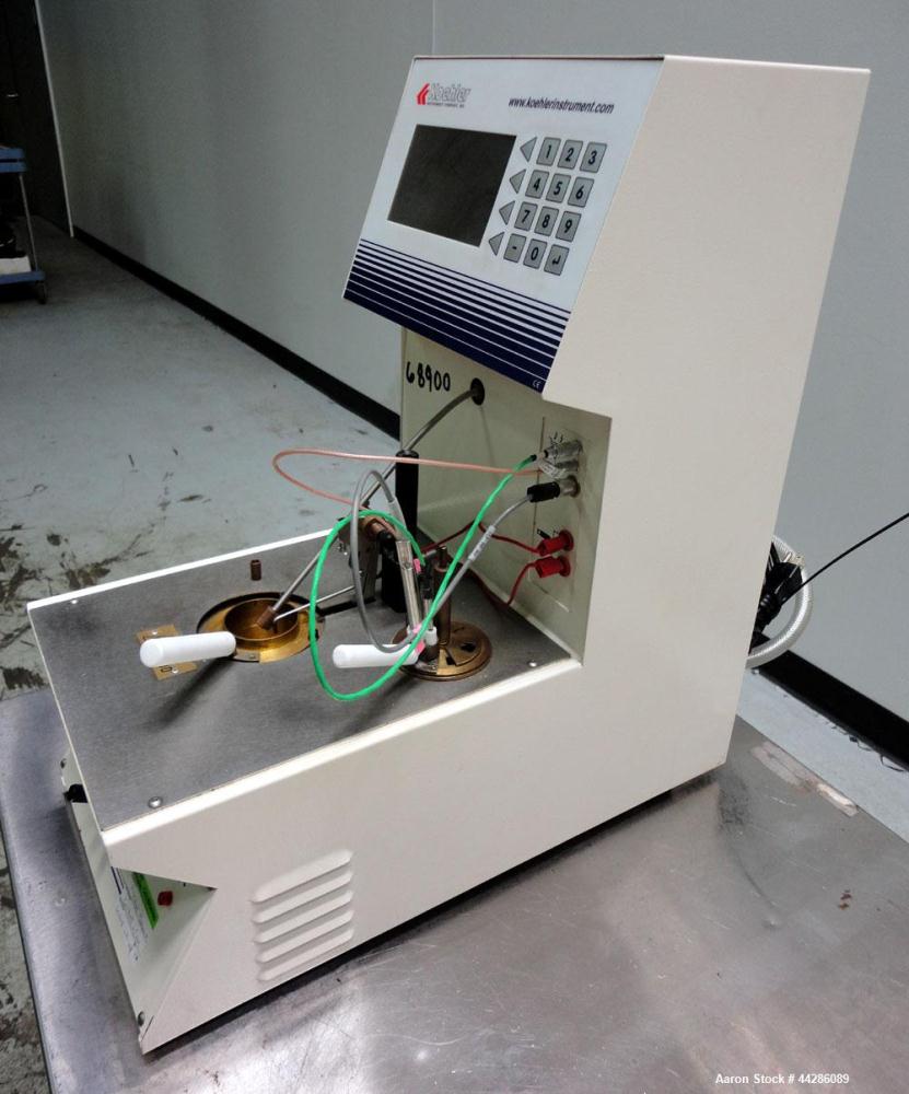 Used Koehler Instrument Company Flashpoint Apparatus, Model K87100. Closed Cup Flash Point Tester accurately determines the lowest flash point temperature of fuels, lubricating oils, and homogenous l...