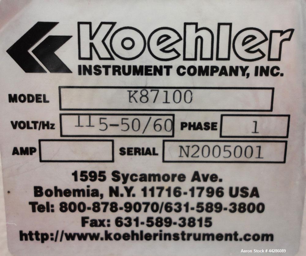 Used Koehler Instrument Company Flashpoint Apparatus, Model K87100. Closed Cup Flash Point Tester accurately determines the lowest flash point temperature of fuels, lubricating oils, and homogenous l...