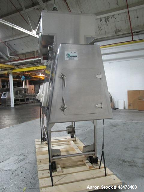 Used La Calhene Isolator, Stainless Steel. Approximately 63" long x 32" wide x 36" high chamber, dual sided with (3) gloves each side, 18" long anti chamber, 16" diameter end access door on stand wit...
