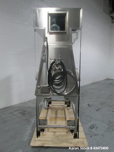 Used La Calhene Isolator, Stainless Steel. Approximately 63" long x 32" wide x 36" high chamber, dual sided with (3) gloves each side, 18" long anti chamber, 16" diameter end access door on stand wit...