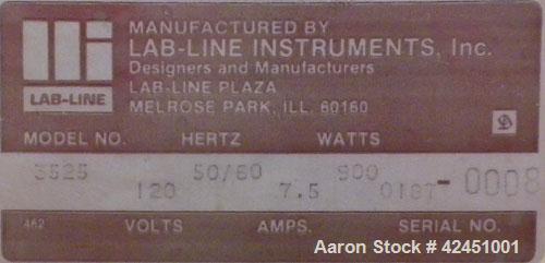Used Lab Line Incubator-Shaker, Model 3525. Chamber measures 34" long x 22" wide x 15" deep. 7.5 Amp, 50/60 Hertz, 120 Volt, 900 Watts. Manually adjustable speed, temperature and timer controls. Seri...