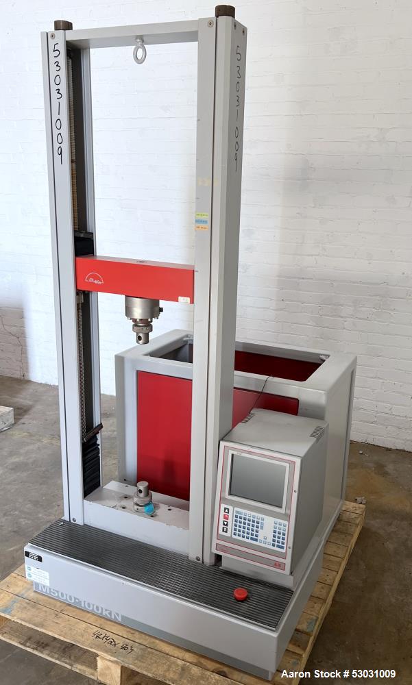 Used Testometric Dual Column Bench-mounted Universal Testing Machine, Model M500-100KN. Force capacity up to 100 kN. Serial# 500-636. 1/60/110 Volt.
