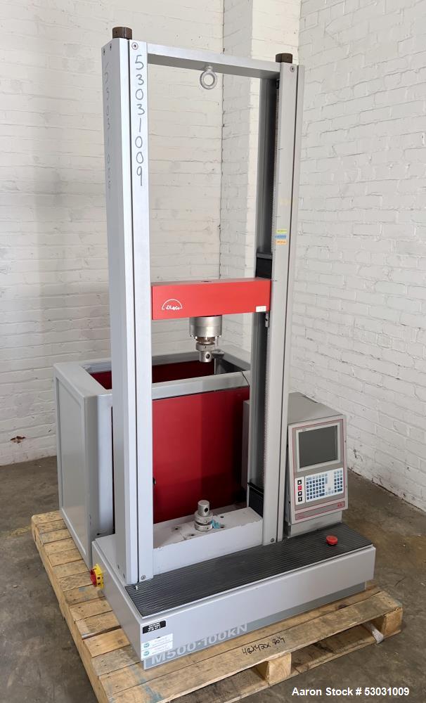Used Testometric Dual Column Bench-mounted Universal Testing Machine, Model M500-100KN. Force capacity up to 100 kN. Serial# 500-636. 1/60/110 Volt.