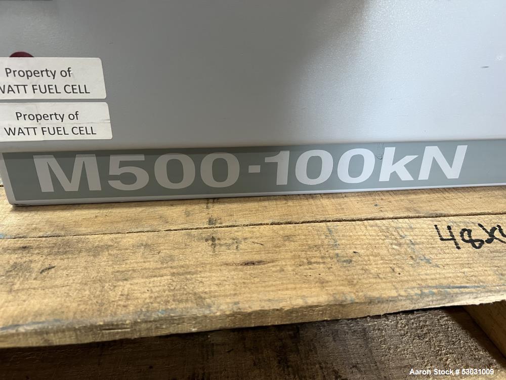 Used Testometric Dual Column Bench-mounted Universal Testing Machine, Model M500-100KN. Force capacity up to 100 kN. Serial# 500-636. 1/60/110 Volt.