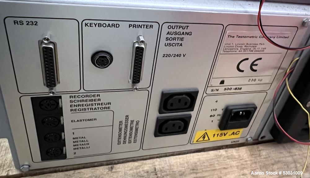 Used Testometric Dual Column Bench-mounted Universal Testing Machine, Model M500-100KN. Force capacity up to 100 kN. Serial# 500-636. 1/60/110 Volt.