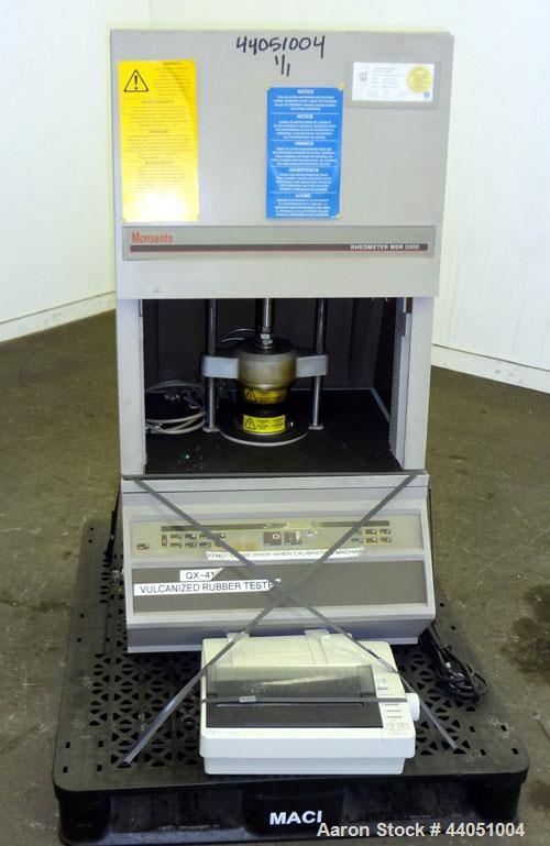 Used Monsanto Moving Die Rheometer, Model MDR 2000. Curemeter designed to test mixed rubber, and the most successful rotorless curemeter. Capable of measuring rubber compound cure under isothermal te...