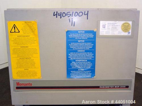 Used Monsanto Moving Die Rheometer, Model MDR 2000. Curemeter designed to test mixed rubber, and the most successful rotorless curemeter. Capable of measuring rubber compound cure under isothermal te...