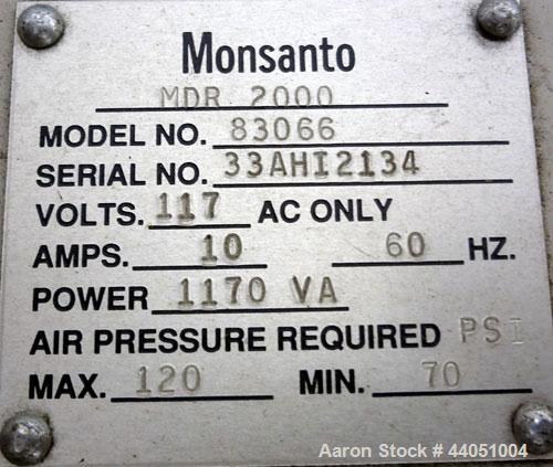 Used Monsanto Moving Die Rheometer, Model MDR 2000. Curemeter designed to test mixed rubber, and the most successful rotorless curemeter. Capable of measuring rubber compound cure under isothermal te...