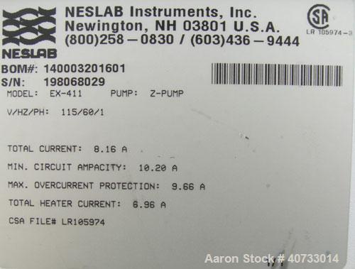 Used Neslab model EX-411 bath circulator, 5.8 gallon capacity, 316 stainless steel.  Bath work area 19 1/4" long x 10" wide x 6" deep.  800 watt heater, temperature range 15 degrees C to 150 degrees ...