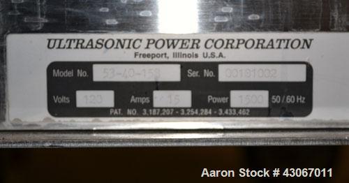 Used Ultrasonic Power Corporation Ultrasonic Cleaner, Model 53-40-158, 304 Stainless Steel. Approximate 39 gallon tank, 18’’ wide x 32’’ long x 16’’ deep. Includes a removable basket. Peak power 1500...