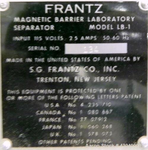 Used S.G. Frantz Company Magnetic Barrier Laboratory Separator, Model LB-1. Designed for the separation of dry materials according to magnetic susceptibility, exploiting either paramagnetic or diamag...