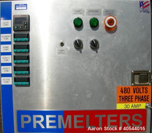 Used Premelters Inc hot melt, 304 stainless steel. 16" X 16" X approximately 24" deep chamber with (4) heating zones, approximately 1 1/2" center bottom outlet with a 1 hp, 180 volt, 1725 rpm DC moto...