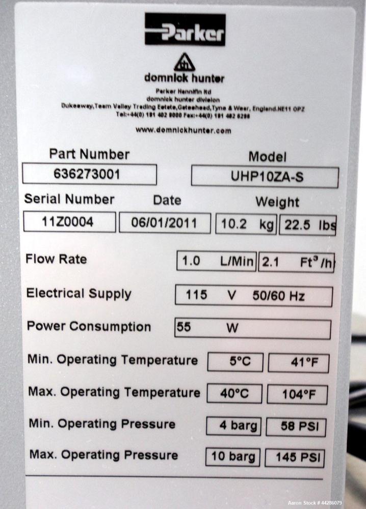 Used Parker Domnick Hunter Zero Air Generator, Model UHP10ZA-S. 1.0 l/min Flow Rate, organic impurity <0.1 ppm. Operating temperature 5 to 40 degrees C. (41 to 104 F.), operating pressure 4 to 10 bar...