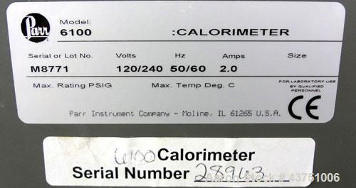 Used Parr 6100 Oxygen Bomb Calorimeter. The Parr 6100 Compensated Jacket Calorimeter continuously monitors the temperature surrounding the calorimeter and applies the necessary heat leak correction i...