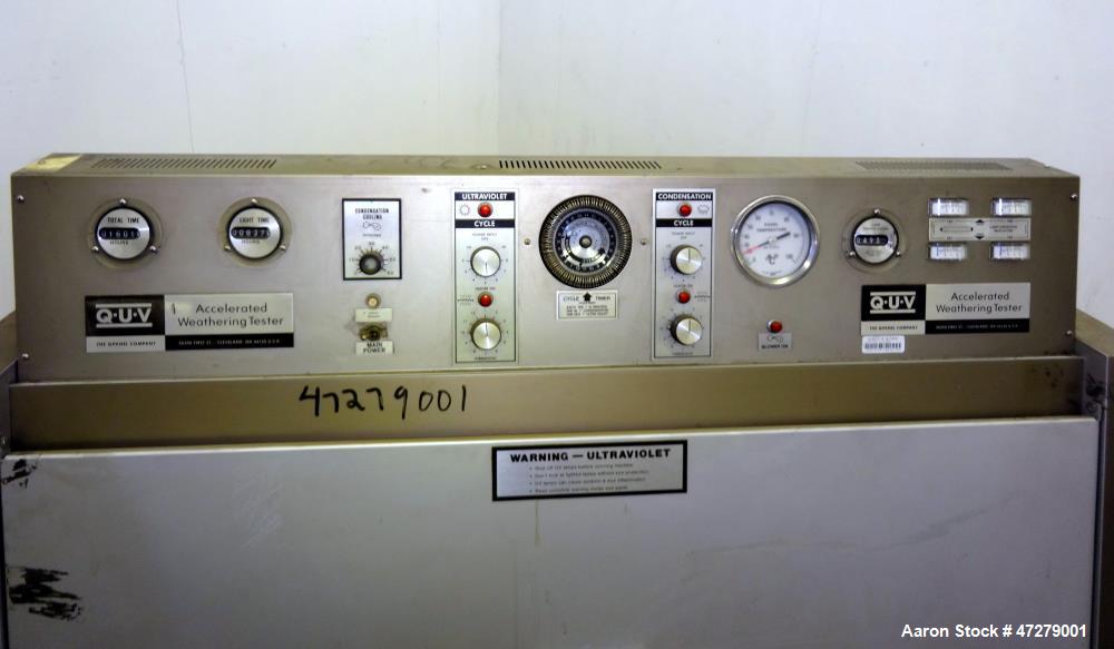 Used QUV Accelerated Weathering Tester, Model QUV. Temperature ranges: light cycle 45 to 80 degrees C., condensation cycle 40 to 60 degrees C. UV exposure, specimen capacity 50 samples 75mm x 150mm. ...