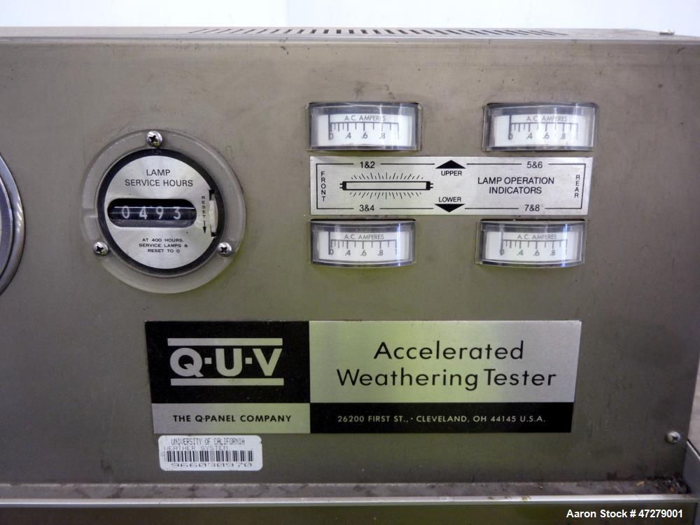 Used QUV Accelerated Weathering Tester, Model QUV. Temperature ranges: light cycle 45 to 80 degrees C., condensation cycle 40 to 60 degrees C. UV exposure, specimen capacity 50 samples 75mm x 150mm. ...