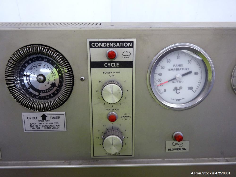 Used QUV Accelerated Weathering Tester, Model QUV. Temperature ranges: light cycle 45 to 80 degrees C., condensation cycle 40 to 60 degrees C. UV exposure, specimen capacity 50 samples 75mm x 150mm. ...