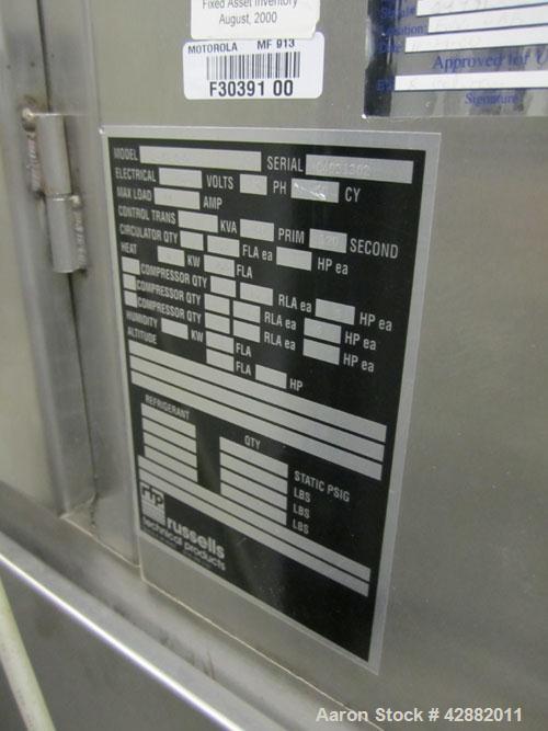 Used Russells Technical Products Environmental  (Temperature/ Humidity) Chamber, Model RD32-5-5, self- contained. Heat rejected kW = 17.6, 3/60/460V.  Max load (A) 47.  DI Water 10 gpm @ 25 psi max. ...