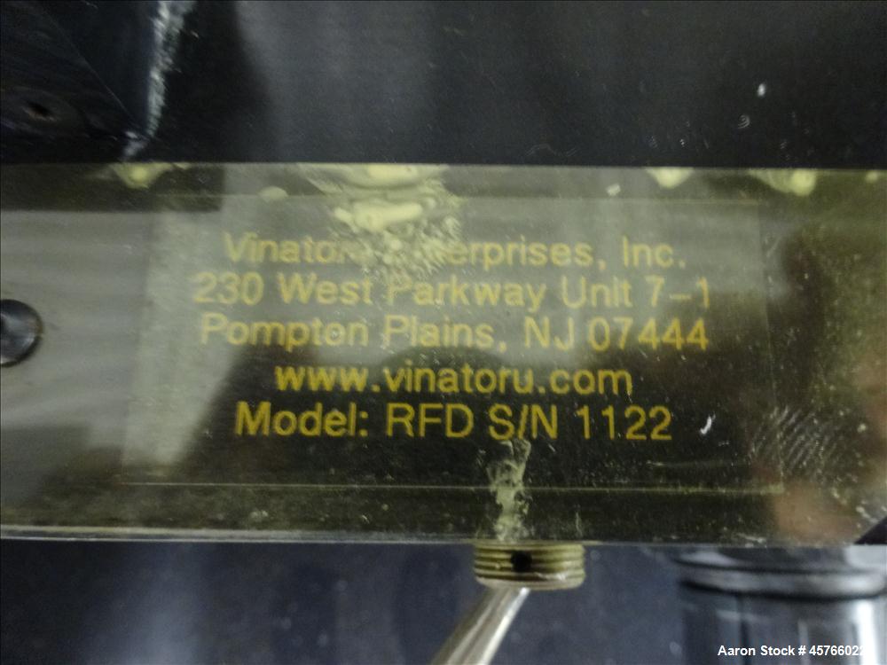 Used Vinatoru Enterprises Tensile/Strength Tester, Model RFD. Can test trays with sides over 1-1/4" and up to 3-1/2" depth. 100% pneumatic grippers, 11 3/4" maximum cross head travel. Multi speed dri...