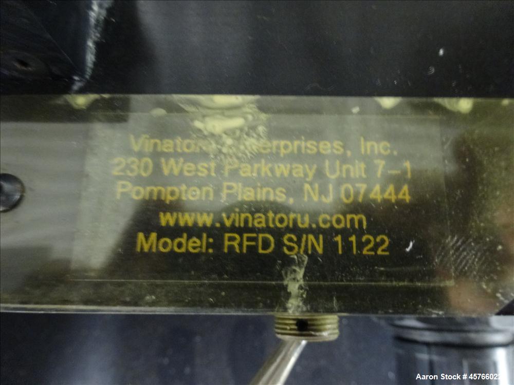 Used- Vinatoru Enterprises Tensile/Strength Tester, Model RFD. Can test trays with sides over 1-1/4" and up to 3-1/2" depth....