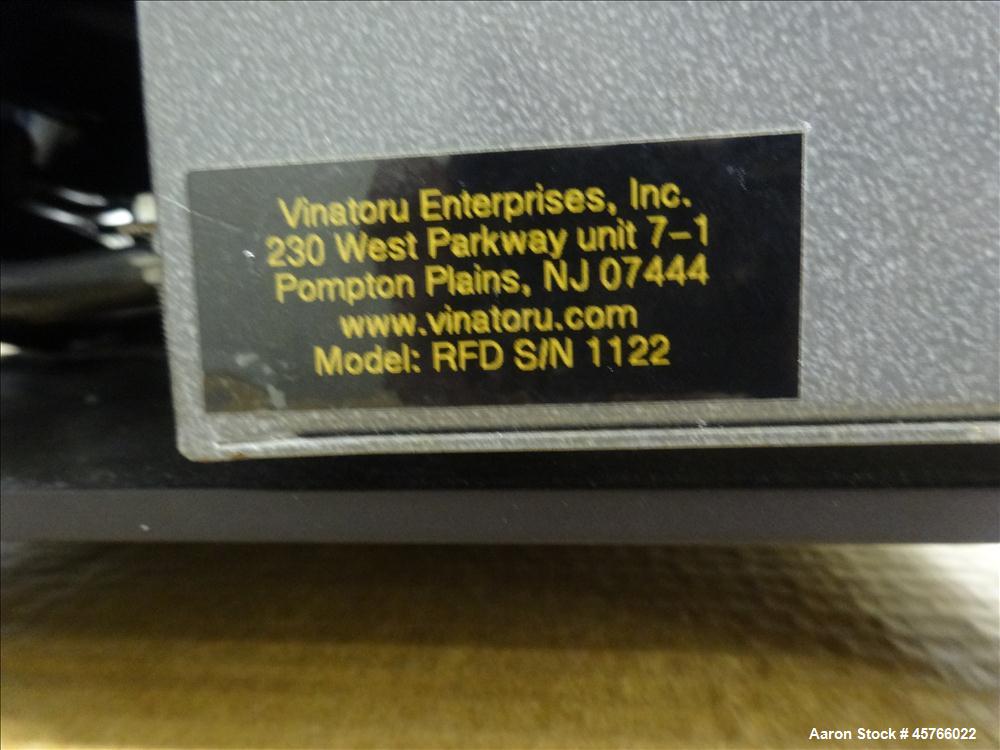 Used Vinatoru Enterprises Tensile/Strength Tester, Model RFD. Can test trays with sides over 1-1/4" and up to 3-1/2" depth. 100% pneumatic grippers, 11 3/4" maximum cross head travel. Multi speed dri...