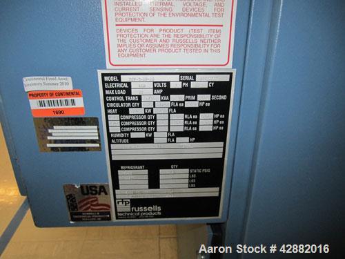 Used Russells Technical Products Environmental (Thermal Shock) Chamber, Model TSV-3-10-1, A/C. Heat rejected kW = 2.6, 3/60/460V.  Max load (A) 72.  DI Water 10 gpm @ 25 psi max. Compressed air dry a...