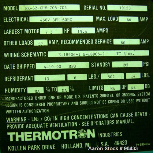 USED: Thermotron environmental test chamber, model FX-62-CHV-705-705 floor style. 62 cubic feet of test space. Temp, humidity and vibration testing. Heating and cooling. Range -73 to +177 deg F. Incl...