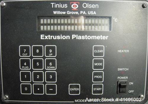 Used Tinius Olsen Extrusion Plastometer/Melt Indexer. Used for measuring the flow rates of thermoplastics.  Two zone temperature control ranges to 450 degrees C. Timer up to 9999 seconds in .01 secon...