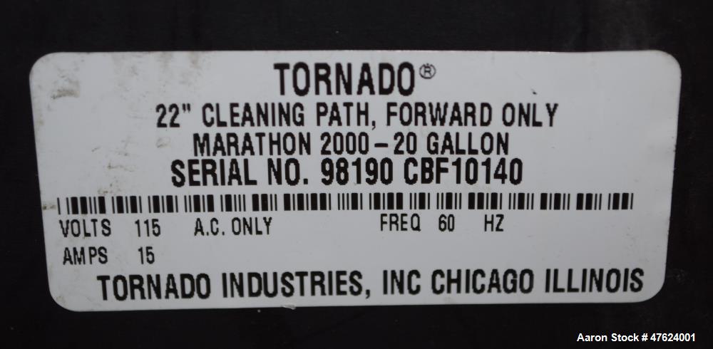 Used Tornado Industries 20 Gallon Self Contained Carpet Cleaner, Model Marathon 2000. 22" Wide cleaning path. 60 Hertz, 115 volts, 15 amps. Serial# 98190CBF10140.