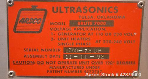 Used Arsco Ultrasonics Cleaner, Model Brute 7000, 304 Stainless Steel. Housing measures 13-3/4" wide x 72" long x 20-3/4" deep, open top no cover, flat bottom. (1) Bottom generator. Includes a contro...