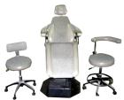 USED: A-Dec dental chair, model 1005. Foot pedal controls, wall mount delivery system with light and cuspidor. Includes doctor and assistant stools.